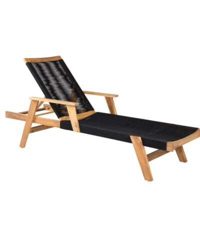 Transat Little en bois acacia et corde noire avec dossier réglable, bain de soleil extérieur pour terrasse
