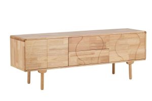 Buffet bois ESKA en hévéa naturel 180 cm avec façade graphique et pieds arrondis pour salon ou salle à manger