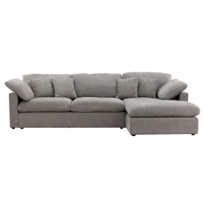 Canapé d’angle Amaro en tissu polyester gris foncé avec méridienne, canapé moderne pour salon confortable