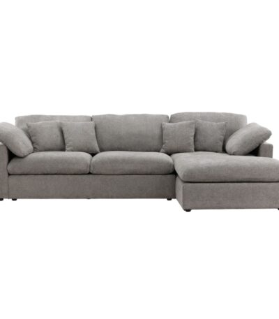 Canapé d’angle Amaro en tissu polyester gris foncé avec méridienne, canapé moderne pour salon confortable