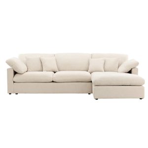 Canapé d’angle Amaro beige en tissu avec méridienne, canapé 3 places confortable pour salon lumineux