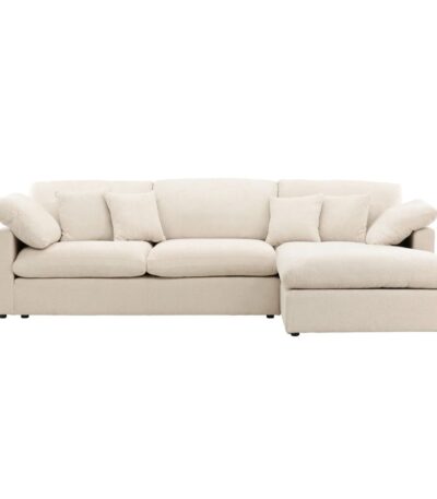 Canapé d’angle Amaro beige en tissu avec méridienne, canapé 3 places confortable pour salon lumineux