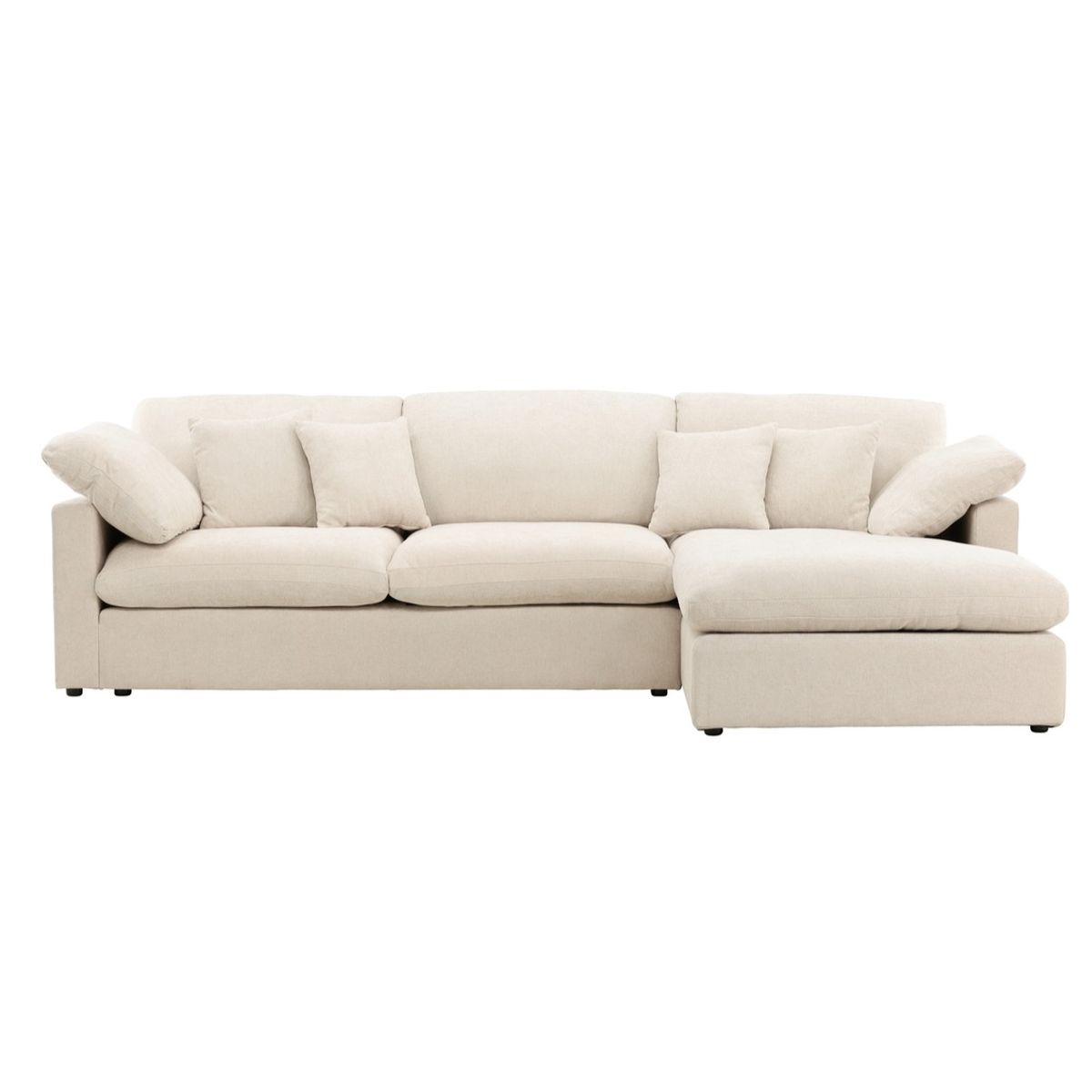 Canapé d’angle Amaro beige en tissu avec méridienne, canapé 3 places confortable pour salon lumineux