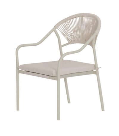 Chaise de jardin Mélia en aluminium beige avec assise en textilène et accoudoirs, chaise extérieure empilable