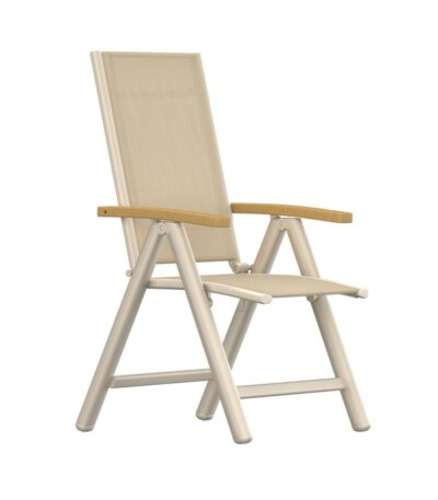 Chaise de jardin Paloma en aluminium et textilène beige avec accoudoirs teck, chaise extérieure réglable pour terrasse