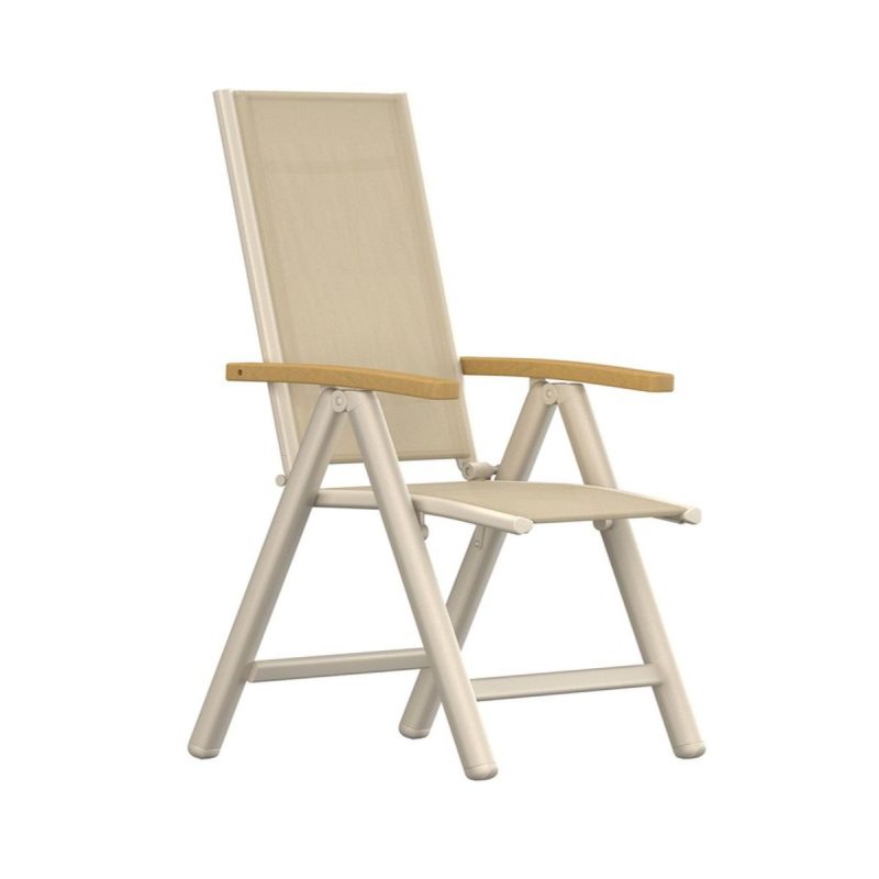 Chaise de jardin Paloma en aluminium et textilène beige avec accoudoirs teck, chaise extérieure réglable pour terrasse