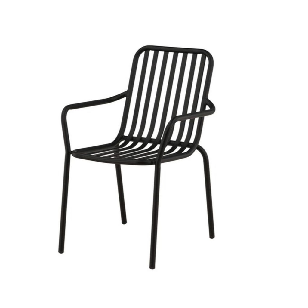 Chaise de jardin Petra en aluminium noir avec accoudoirs, chaise extérieure empilable pour terrasse