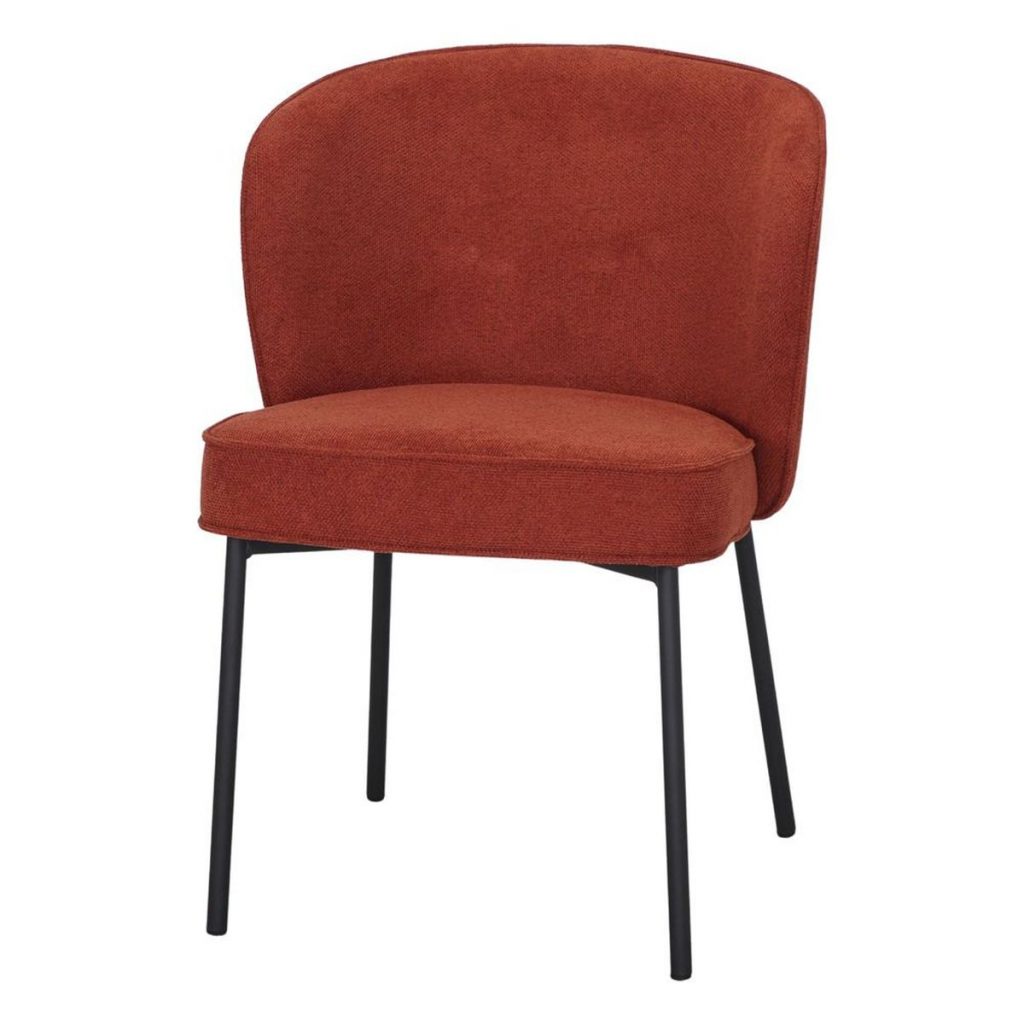 Chaise rembourrée terracotta Fantine en tissu avec pieds noirs pour salle à manger.