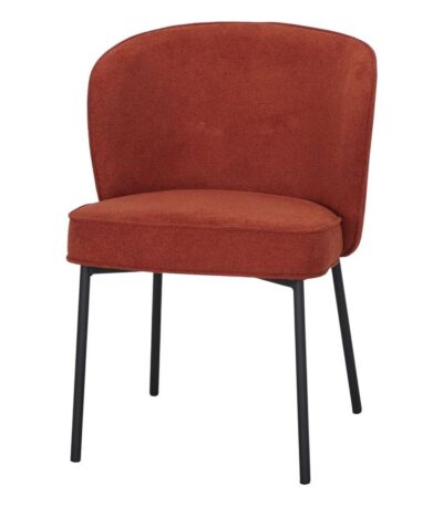 Chaise rembourrée terracotta Fantine en tissu avec pieds noirs pour salle à manger.