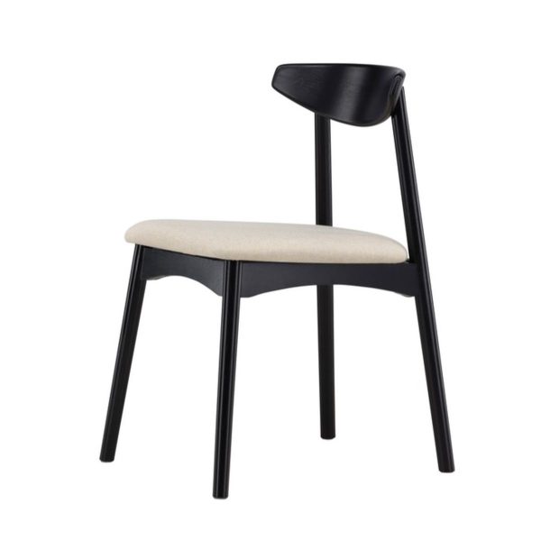 Chaise en bois Venda Noire avec coussin beige, lot de 2 chaises salle à manger design en chêne.