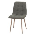 Chaise tapissée verte Sienna avec piètement effet bois dans une cuisine ou salle a manger.