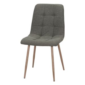 Chaise tapissée verte Sienna avec piètement effet bois dans une cuisine ou salle a manger.