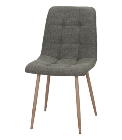 Chaise tapissée verte Sienna avec piètement effet bois dans une cuisine ou salle a manger.