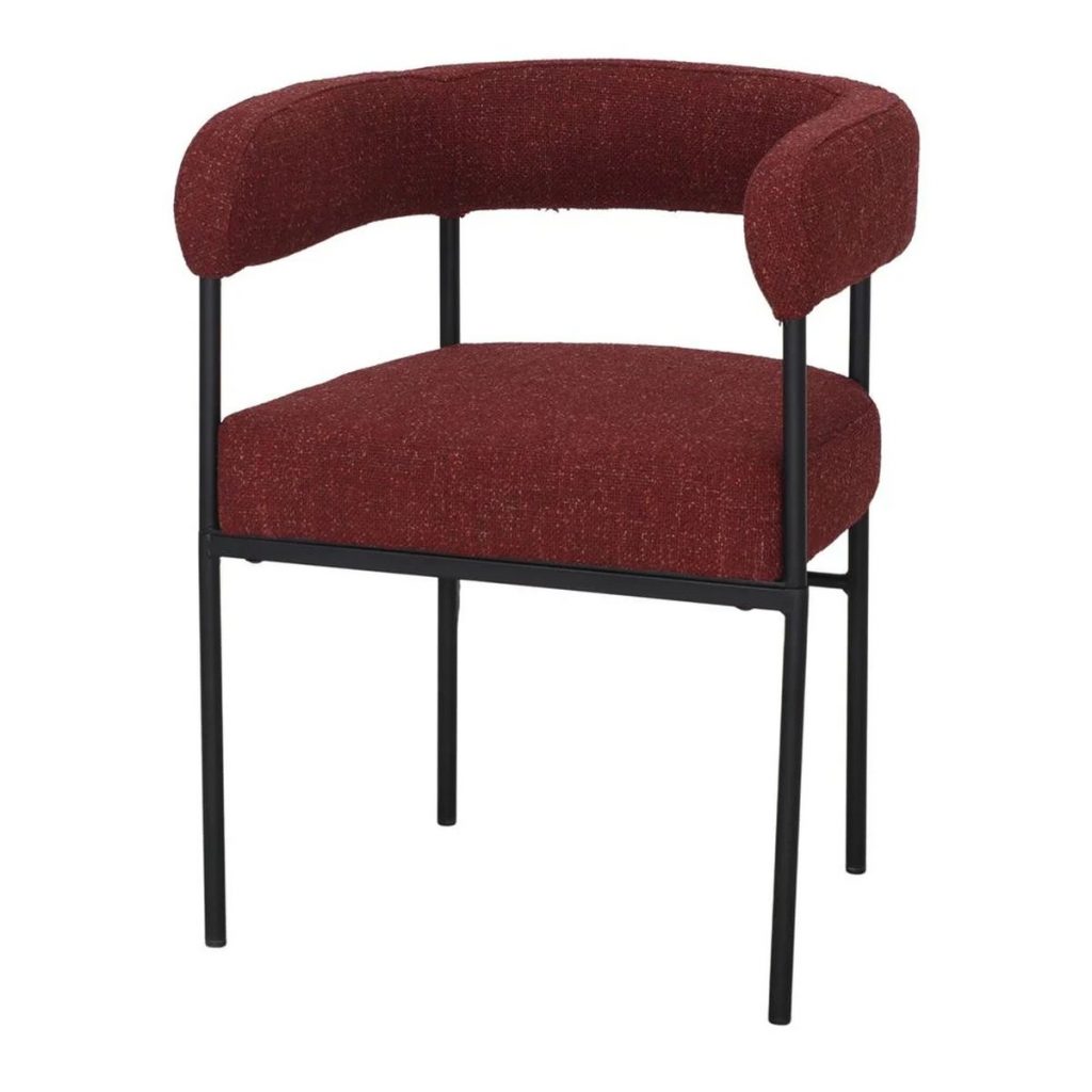Chaise Elie en tissu bordeaux avec structure noire, chaise contemporaine avec accoudoirs arrondis pour intérieur élégant