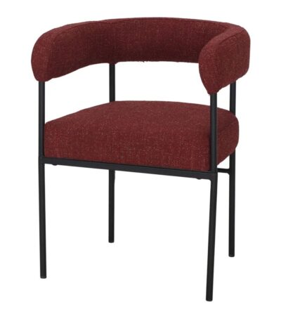 Chaise Elie en tissu bordeaux avec structure noire, chaise contemporaine avec accoudoirs arrondis pour intérieur élégant