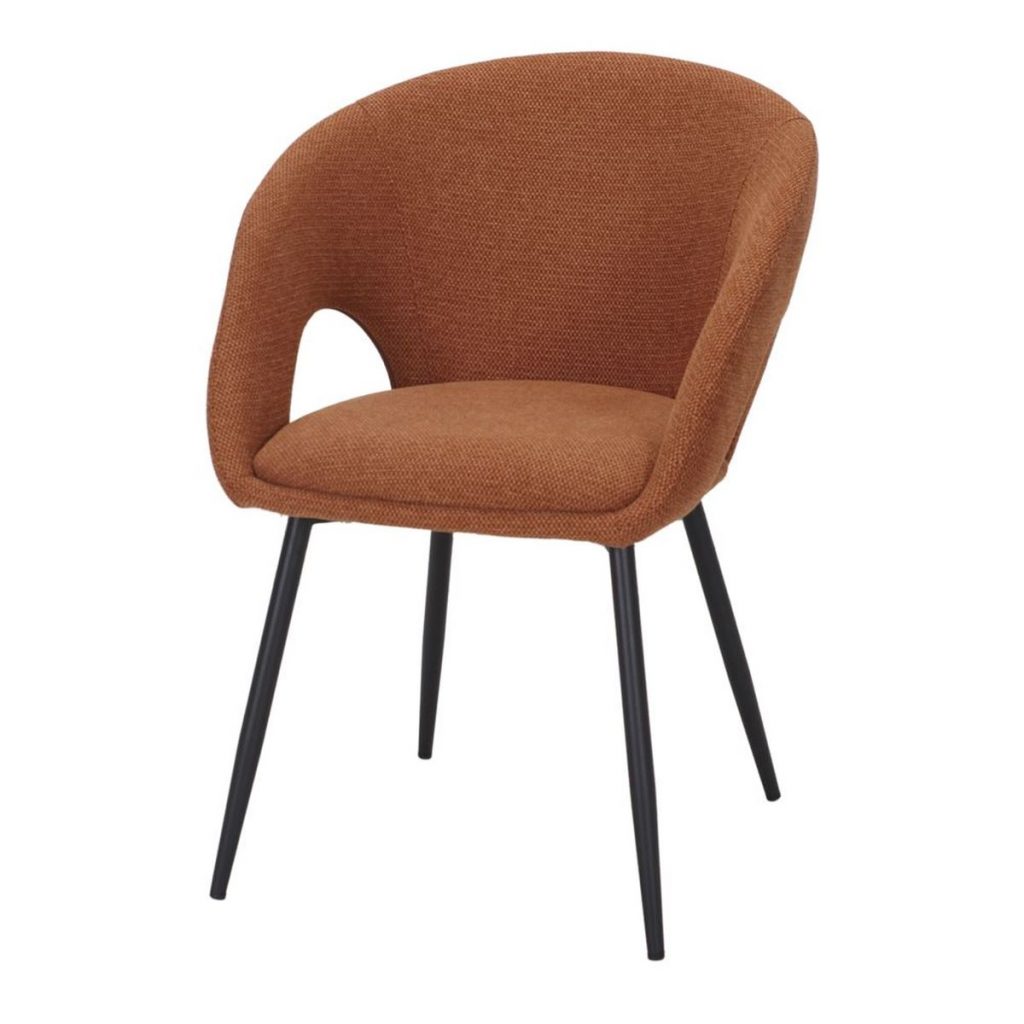 Chaise rembourrée ocre Gina en tissu avec accoudoirs et pieds noirs fuselés, chaise contemporaine salle à manger