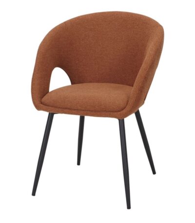 Chaise rembourrée ocre Gina en tissu avec accoudoirs et pieds noirs fuselés, chaise contemporaine salle à manger