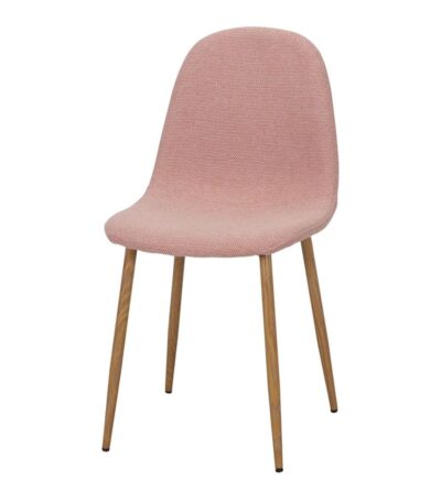 Chaise tapissée rose Bianca avec pieds effet bois pour salle à manger.