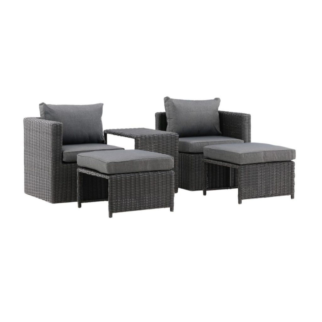 Ensemble Corfou en rotin synthétique noir avec fauteuils, repose-pieds et table basse pour terrasse ou balcon