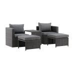 Ensemble Corfou en rotin synthétique noir avec fauteuils, repose-pieds et table basse pour terrasse ou balcon