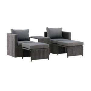 Ensemble Corfou en rotin synthétique noir avec fauteuils, repose-pieds et table basse pour terrasse ou balcon