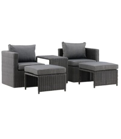 Ensemble Corfou en rotin synthétique noir avec fauteuils, repose-pieds et table basse pour terrasse ou balcon