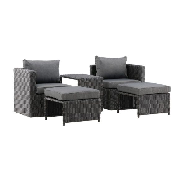 Ensemble Corfou en rotin synthétique noir avec fauteuils, repose-pieds et table basse pour terrasse ou balcon