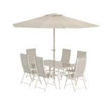 Ensemble repas Brooklyn beige avec table en verre, six chaises réglables et parasol
