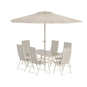 Ensemble repas Brooklyn beige avec table en verre, six chaises réglables et parasol