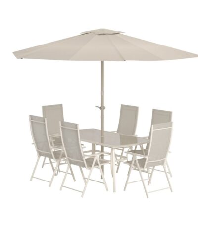 Ensemble repas Brooklyn beige avec table en verre, six chaises réglables et parasol