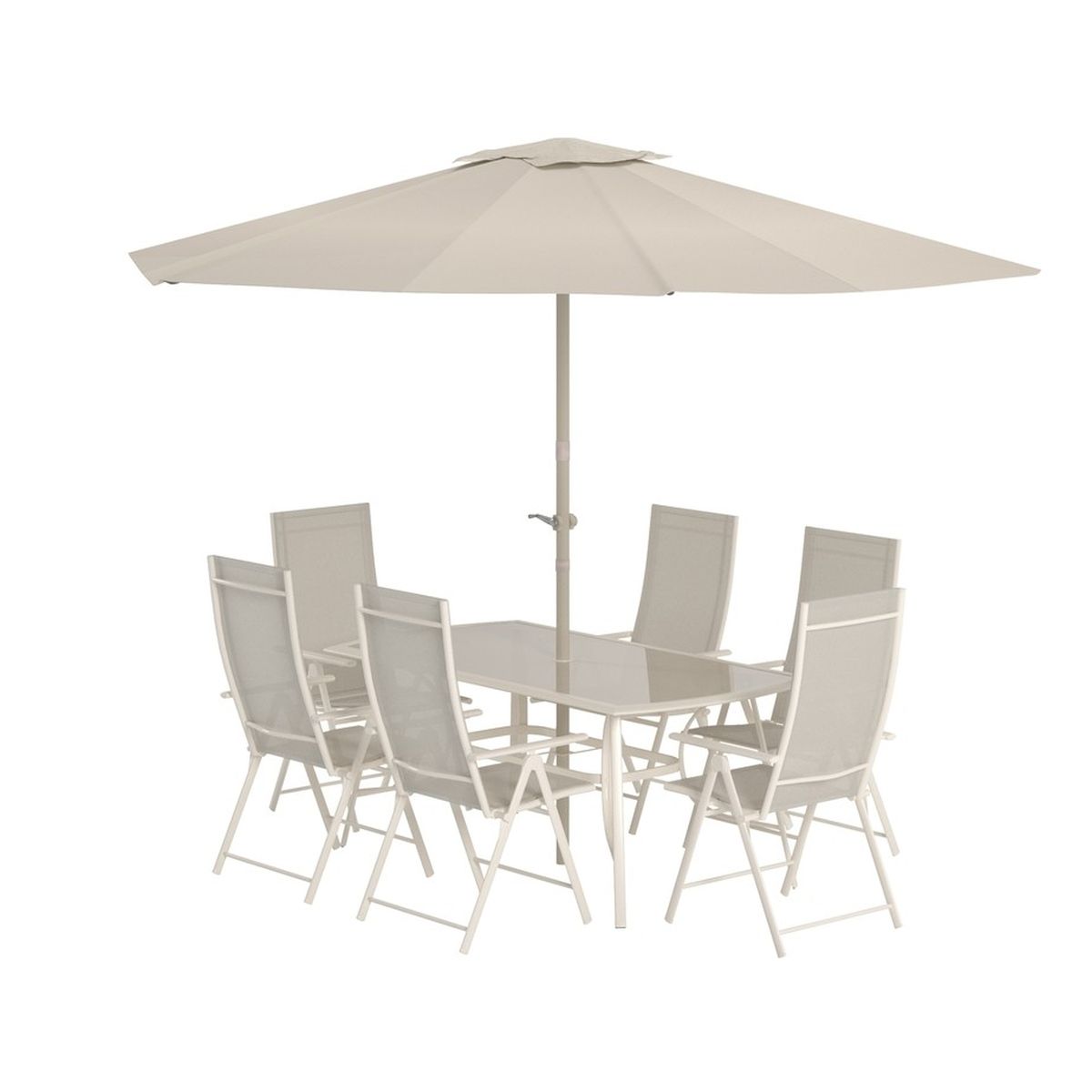 Ensemble repas Brooklyn beige avec table en verre, six chaises réglables et parasol
