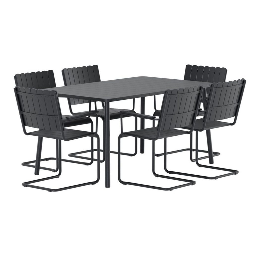 Ensemble repas Holy noir avec table rectangulaire et six chaises en acier