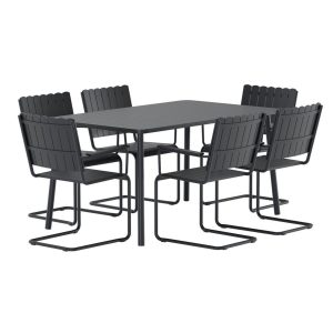 Ensemble repas Holy noir avec table rectangulaire et six chaises en acier