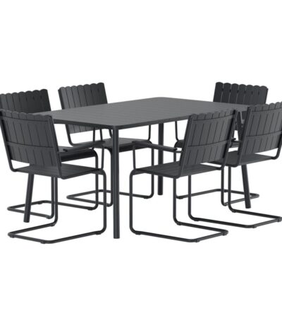 Ensemble repas Holy noir avec table rectangulaire et six chaises en acier