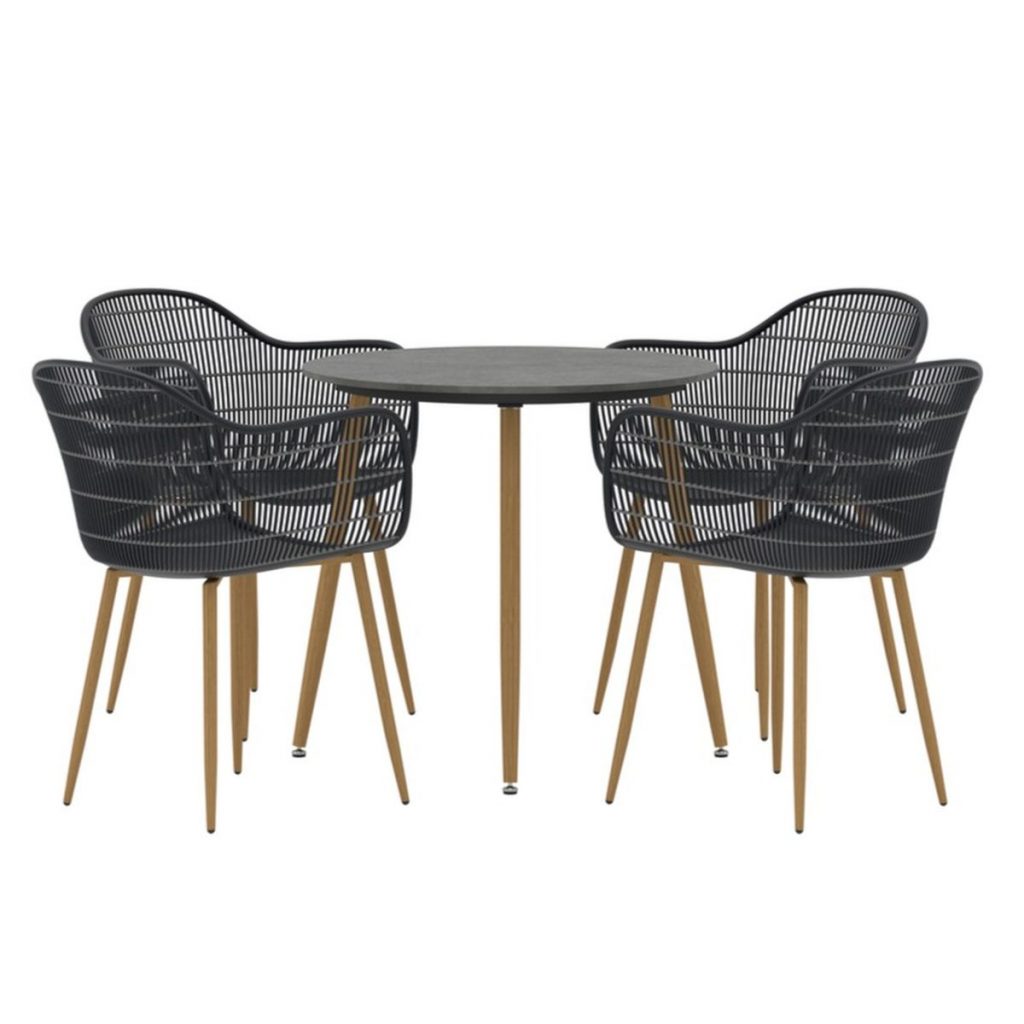 Ensemble repas Anita noir avec table ronde en céramique et quatre fauteuils