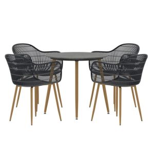 Ensemble repas Anita noir avec table ronde en céramique et quatre fauteuils
