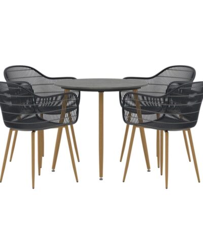 Ensemble repas Anita noir avec table ronde en céramique et quatre fauteuils