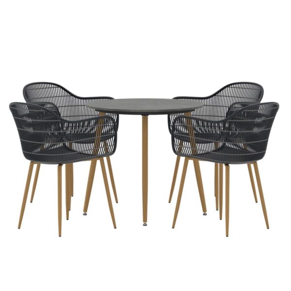 Ensemble repas Anita noir avec table ronde en céramique et quatre fauteuils