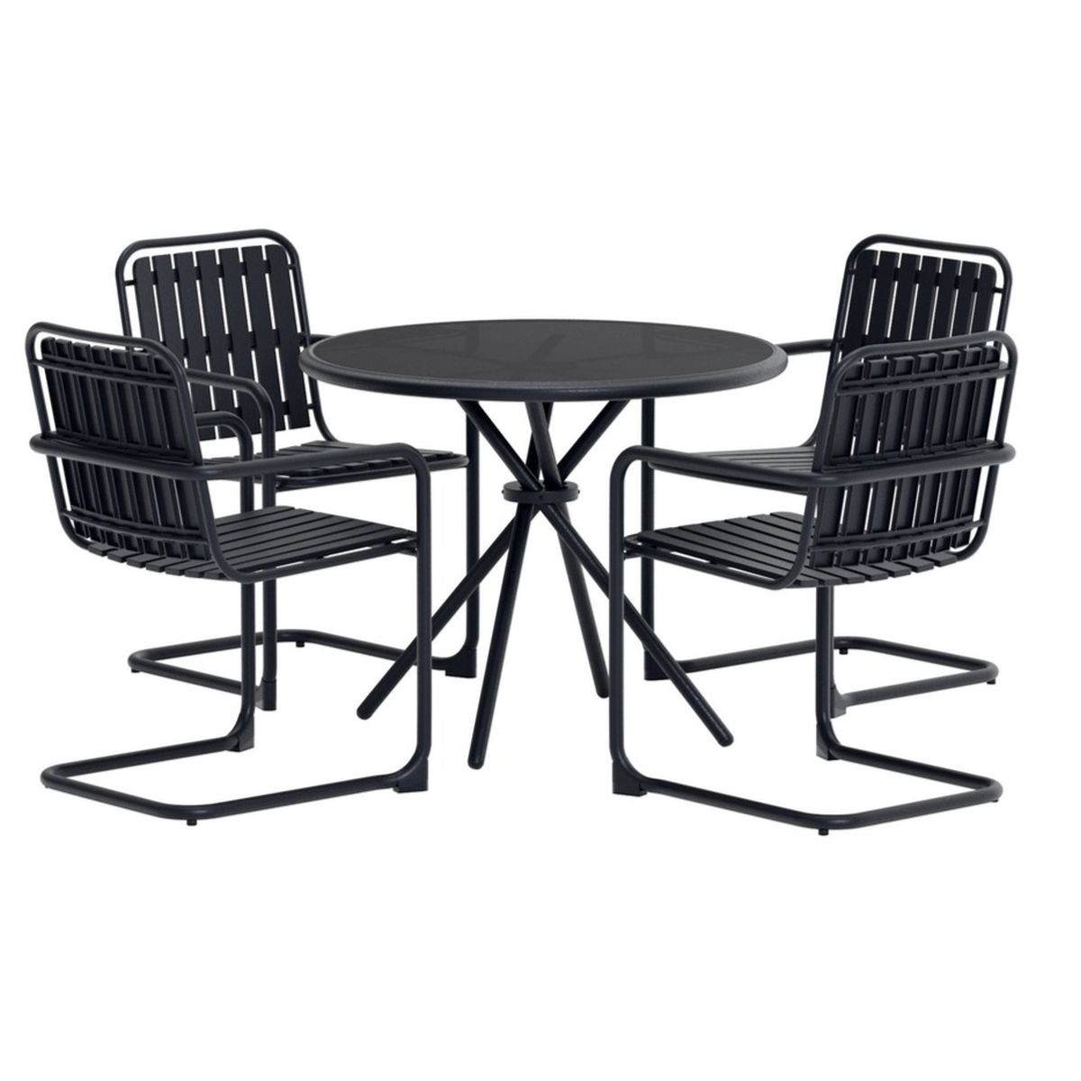 Ensemble repas Chelsy avec table ronde et quatre chaises en métal.