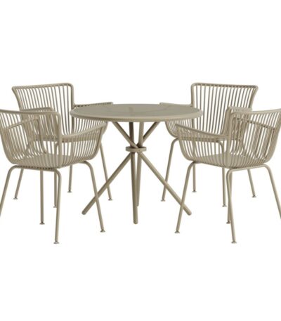 Ensemble repas Sibel beige avec table ronde et quatre chaises en métal