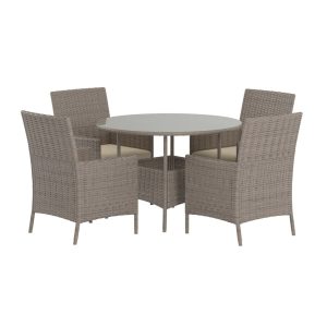 Ensemble repas jardin Lexa en résine tressée avec table ronde et fauteuils pour terrasse extérieure