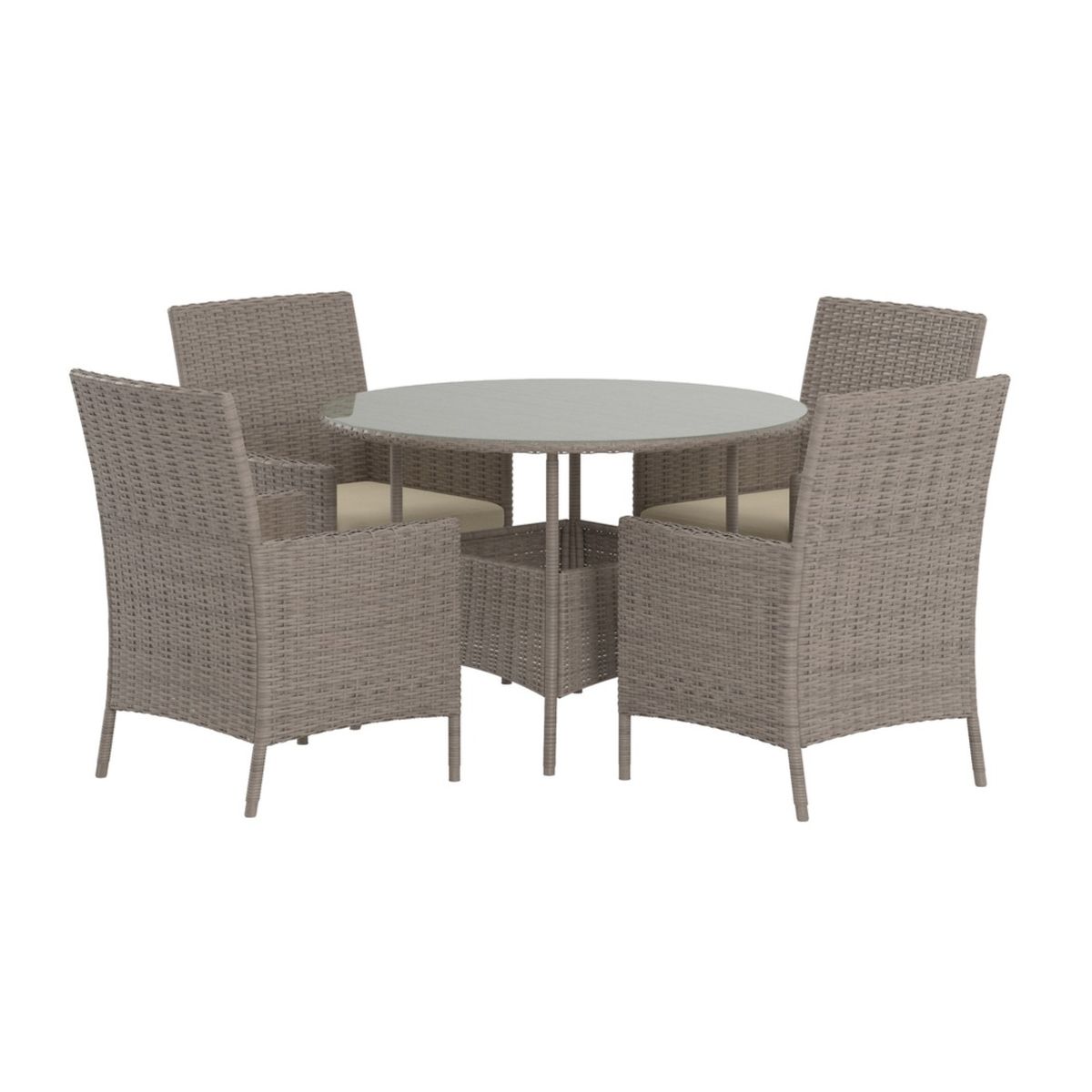 Ensemble repas jardin Lexa en résine tressée avec table ronde et fauteuils pour terrasse extérieure