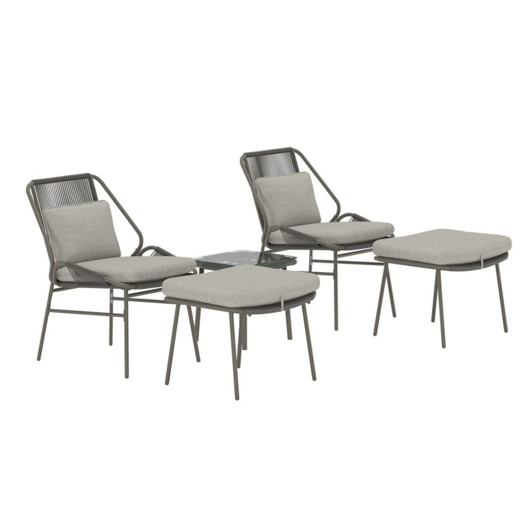 Ensemble de salon Zakiya avec fauteuils en acier marron, coussins beige, repose-pieds et table basse en verre pour terrasse ou jardin