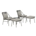 Ensemble de salon Zakiya avec fauteuils en acier marron, coussins beige, repose-pieds et table basse en verre pour terrasse ou jardin