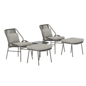 Ensemble de salon Zakiya avec fauteuils en acier marron, coussins beige, repose-pieds et table basse en verre pour terrasse ou jardin
