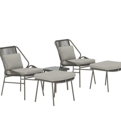 Ensemble de salon Zakiya avec fauteuils en acier marron, coussins beige, repose-pieds et table basse en verre pour terrasse ou jardin