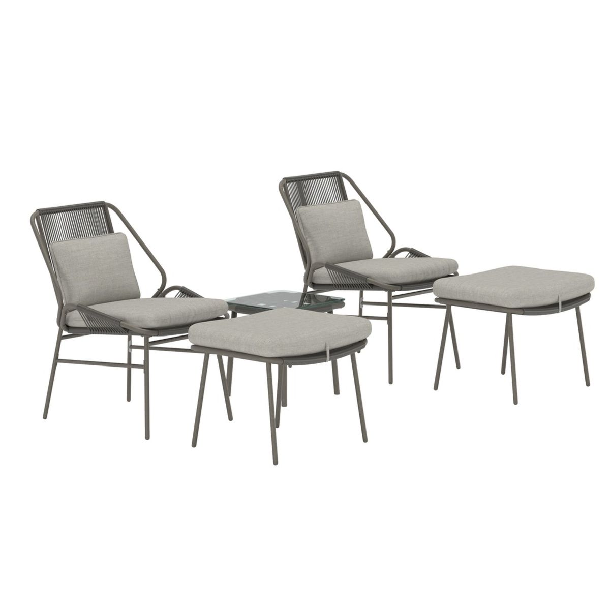 Ensemble de salon Zakiya avec fauteuils en acier marron, coussins beige, repose-pieds et table basse en verre pour terrasse ou jardin