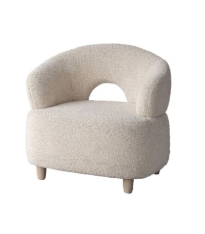 Fauteuil Bouclette Marat en tissu bouclé avec pieds bois pour salon ou chambre intérieur