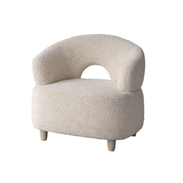 Fauteuil Bouclette Marat en tissu bouclé avec pieds bois pour salon ou chambre intérieur
