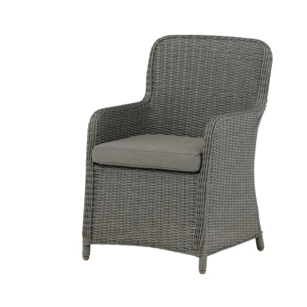 Fauteuil de jardin Wesley en résine tressée grise avec coussin, fauteuil extérieur confortable pour terrasse